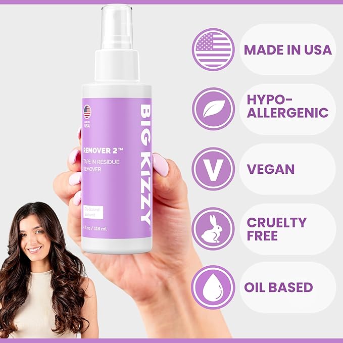 Big Kizzy Tape in Extension Remover (8oz) & Tape Ins Residue Remover (4oz), Big Kizzy Remover 1 + Remover 2 - Fastest Two Step System to Remove Tape in Extensions and Tape Ins Residue