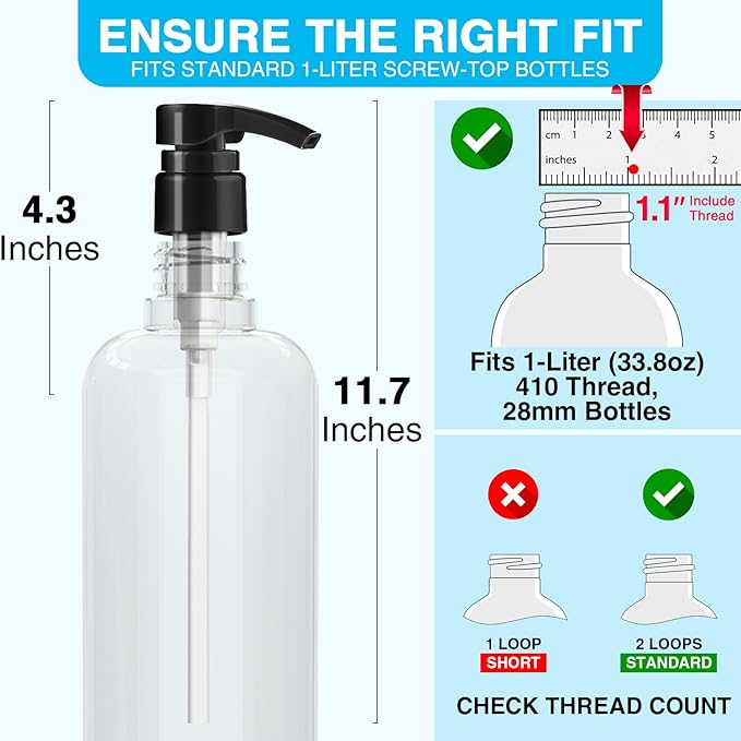 2-Pack Shampoo Pump for Liter 33.8 oz Shampoo and Conditioner, Pump Dispenser Fits Most Salon Brand Bottles with 1.1 inch Wide Opening, White Replacement Pump for Hair Products, Body Wash, Lotion, Gel