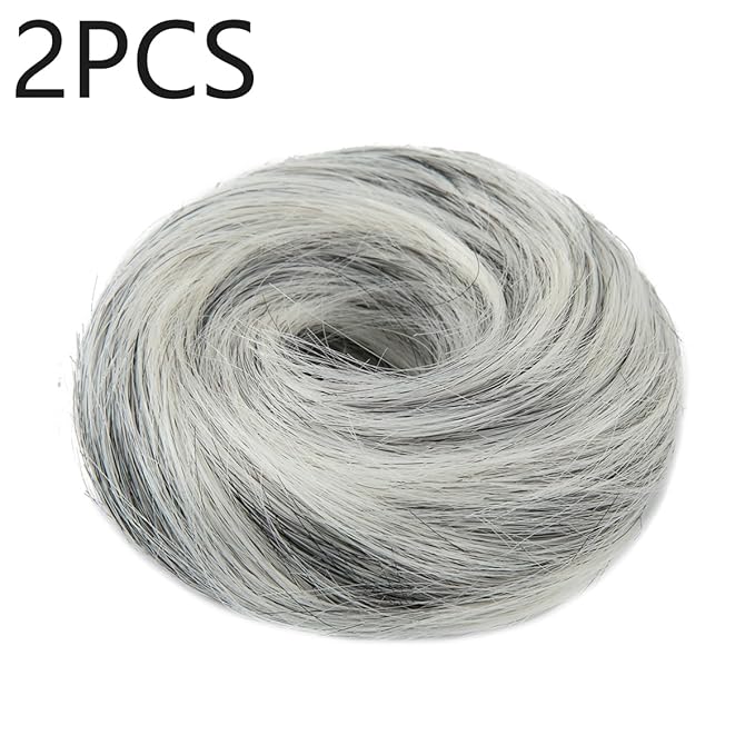 2PCS Small Cute Messy Bun Hair Piece for Thin Hair Women Mini Synthetic Curly Bun Scrunchies Updo Hairpieces Salt and Pepper