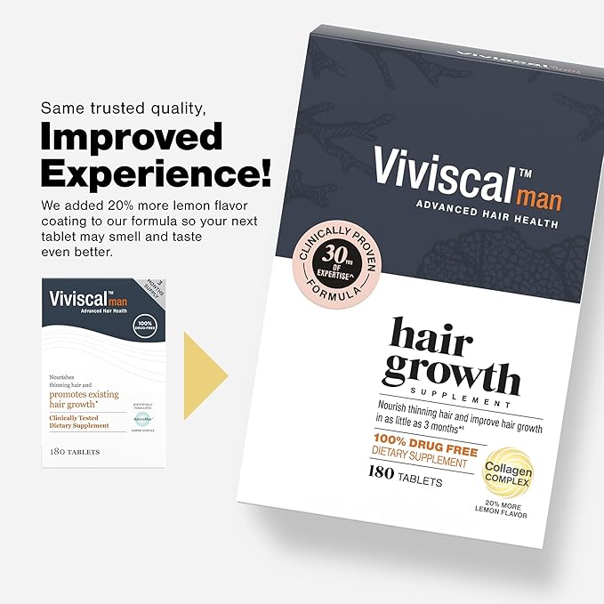 Viviscal Men's Hair Growth Supplements for Thicker Fuller Hair, Clinically Proven Collagen Complex, 180 Tablets 3 Month Supply