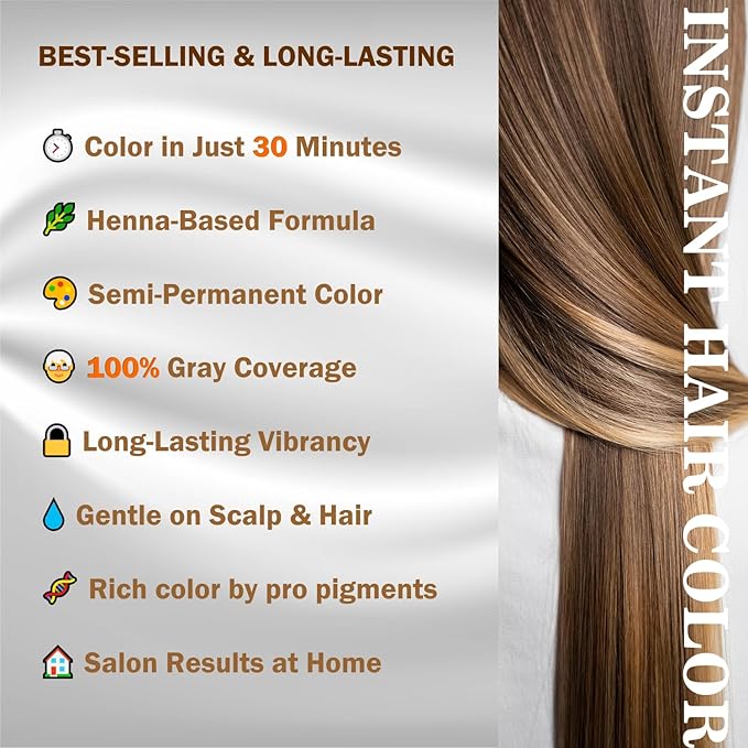 3IN1 Henna Hair Color - 30 Min Fast Herbal Hair Dye for Gray Coverage, Conditioning & Hair Treatment - No Ammonia, Semi-Permanent, Plant-Based (MEDIUM BROWN)