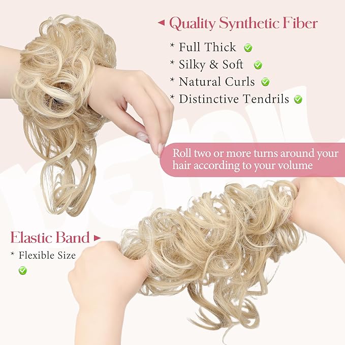 2PCS Messy Bun Hair Piece Tousled Updo with Tendrils Wavy Curly Hair Bun Scrunchies Ponytail Extension Elastic Band Hairpieces For Women (Ash blonde mix Bleach Blonde)