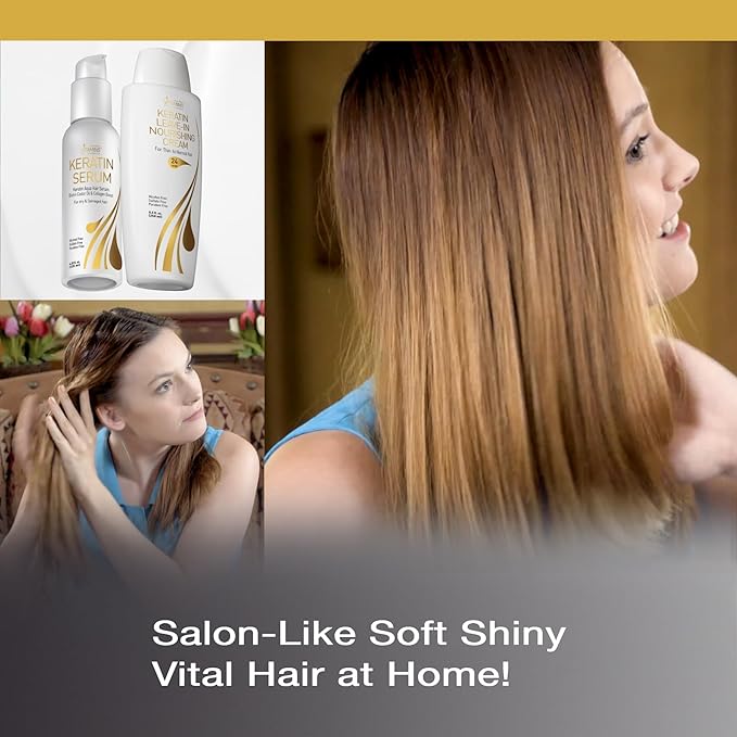 VITAMINS hair cosmetics Keratin Thin Hair Leave-In Conditioner & Hair Serum Kit - Hydrating No Rinse Nourishing Cream & Heat Protectant, Anti Frizz Gloss Boost - Pro Salon Care for Dry Damaged Hair