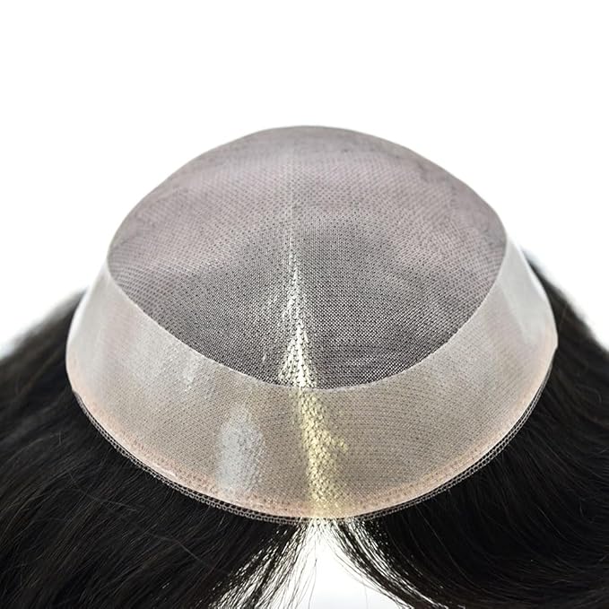 Mens Toupee Human Hair System for Men Durable Fine Mono Lace Men Replacement PU Poly Skin Around Light to Medium Density Wig Hairpiece (6"X8", 1B10 Off Black with 10% gray hair)