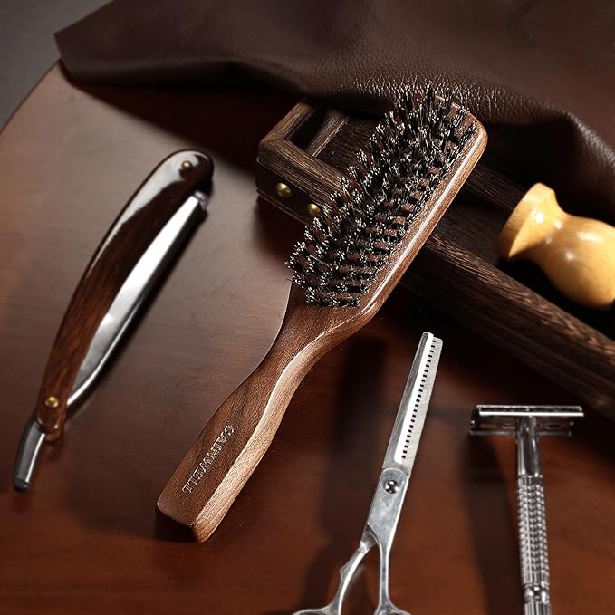 Mens Wild Boar Bristle Hair Brush for Men - Slick Back Hair Brush - Stiff Bristles for Thick Hair, Natural Black Walnut Wooden Handle Hairbrush, Beard Mustache Brush Comb by GAINWELL
