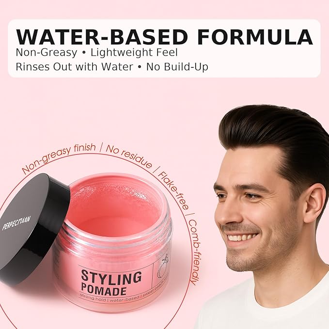 Water-Based Pomade for Men, Strong Flexible Hold, Natural Shine, Non-Greasy | Restyleable | Hair Pomade For Pompadour, Side Part, Slick Back | 3.53 Oz Sweet Peach Scent