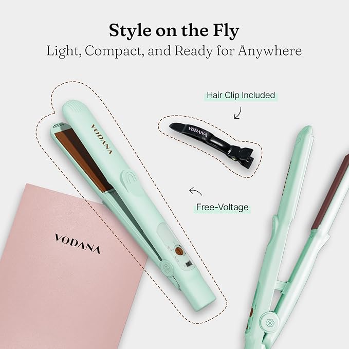 VODANA Professional Softbar Flat Iron - Ceramic Straightener with Patented Silicone Bar, Smooth & Quick Styling, Healthy Hair Solution, Dual Voltage for Worldwide Use (1 inch, MintColor)