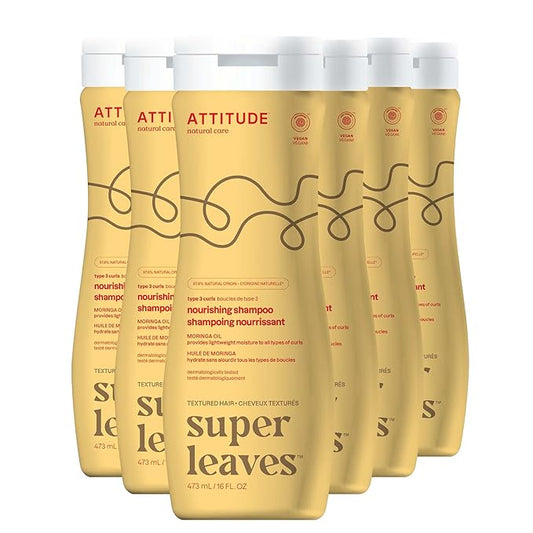 ATTITUDE Nourishing Shampoo for Curly Hair 3a – 3c with Moringa Oil, Vegan, Naturally Derived Ingredients, Provides Lightweight Moisture, 16 Fl Oz (Pack of 6)