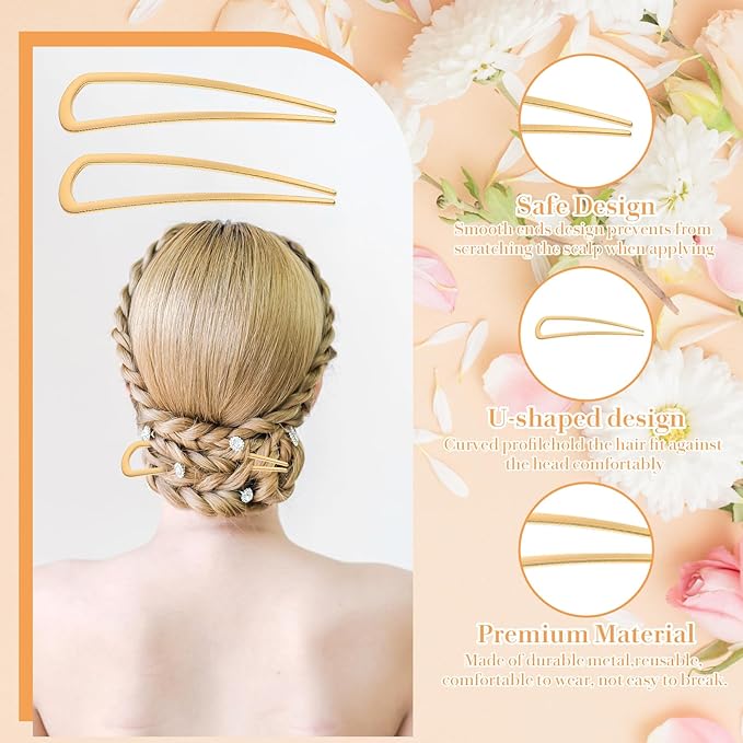 3 Pcs French Hair Pins for Women, U Shaped Hairs Pins, Metal Gold Hairs Accessories, for French Twists, Buns and Updos with No Hair Damage Comfortable Keeps in Place (Gold)