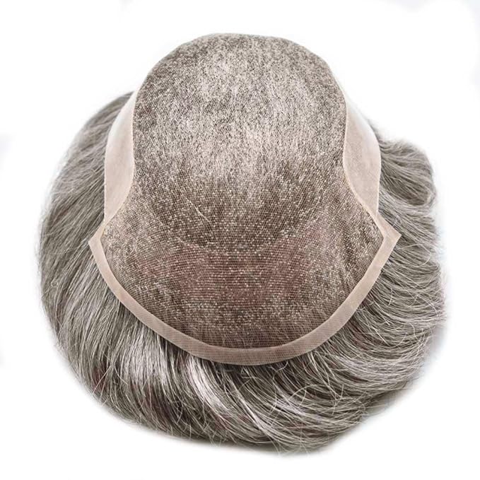 Toupee for Men Real Human Hair Swiss Lace Hairpiece for Men Hair Replacement System Poly Coated Mens Hairpieces Mens Hair System 6X9-80% Light Density 450# 4# MEDIUM BROWN+50% GREY