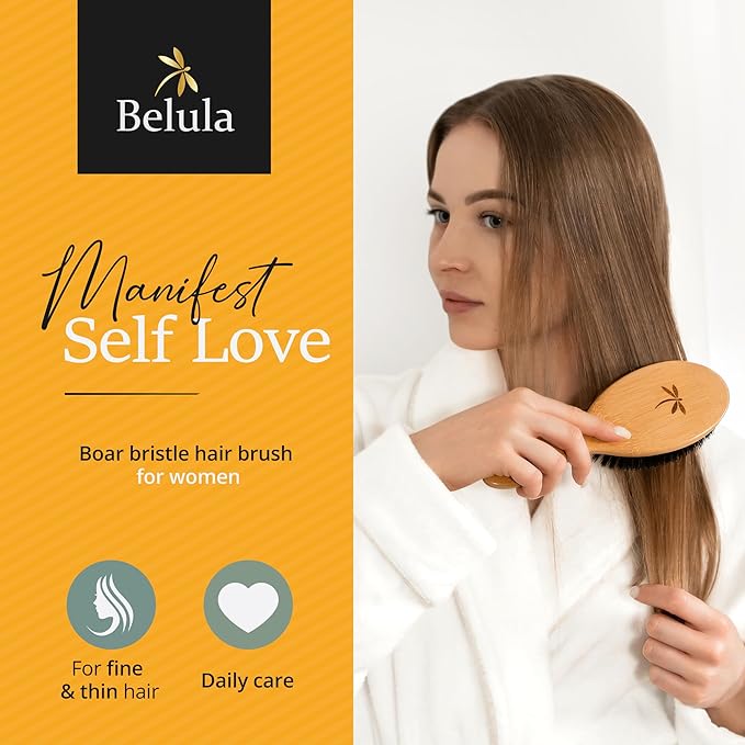 100% Boar Bristle Hair Brush for Women Set by Belula (L Size). Soft Natural Bristles for Thin and Fine Hair. Wooden Comb, Travel Bag and Spa Headband Included!