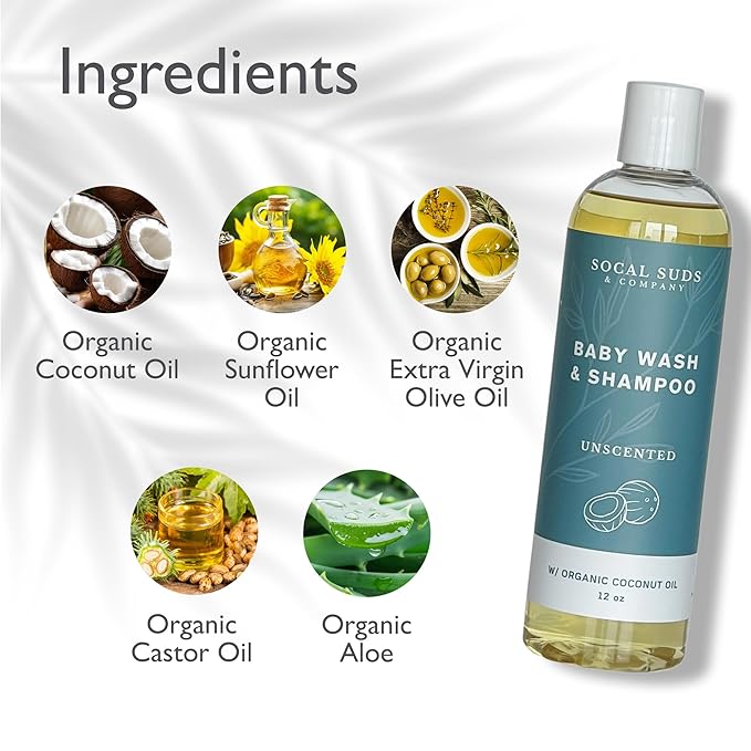 SoCal Suds & Company Organic Baby Shampoo and Body Wash - 2-in-1 Castile Soap, Hypoallergenic, Sensitive Skin, Natural Soap, Toddler Shampoo, Infant, Newborn, Kids Body Wash - 12oz Fragrance Free