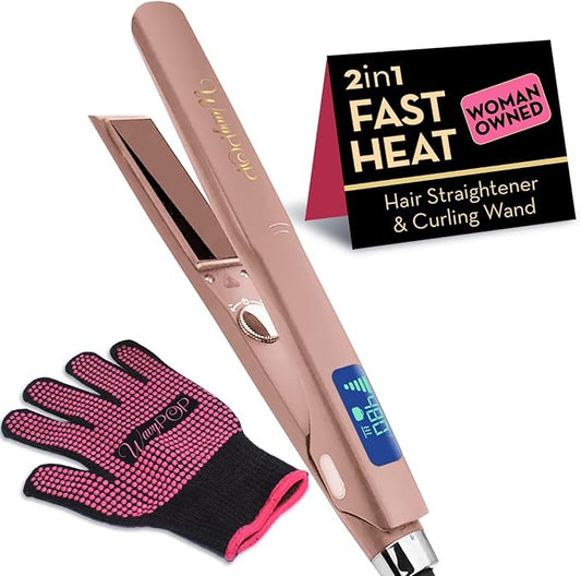 2 in 1 Professional Dual-Voltage Titanium Flat Iron Hair Straightener | up to 480°F | 10s Heat-Up | Straightening Iron & Hair Curling Wand 1.25" with Ceramic MCH Fast Heat, Auto Shut Off