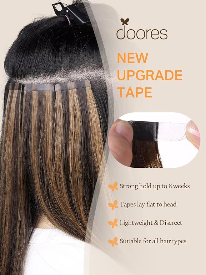 DOORES Tape in Hair Extensions Human Hair, Dark Brown to Dirty Blonde, 12 Inch, 20g, 10pcs, Straight, Remy, Tape-In Installation
