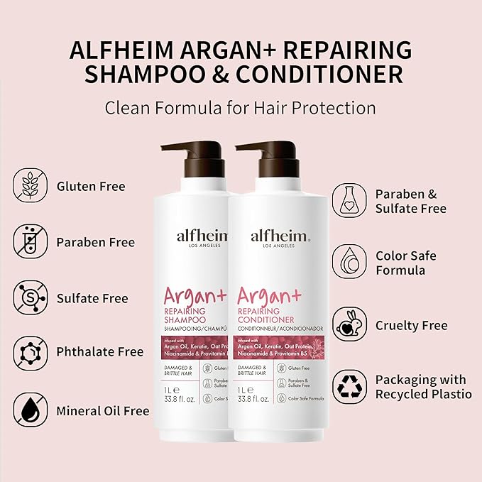 Alfheim Argan Repairing Shampoo & Conditioner Set | Sulfate-Free for Dry ＆ Damaged Hair | Argan Oil, Keratin & Niacinamide Infused to Strengthen ＆ Moisturize, Reduce Breakage ＆ Anti-Frizz | 33.8oz*2