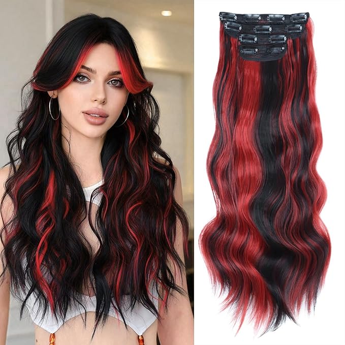 Vigorous Clip in Hair Extensions 4PCS Long Wavy Hair Extension 20Inch Thick Synthetic Hairpieces Fiber Double Weft Hair for Women(Black with Red Highlights)