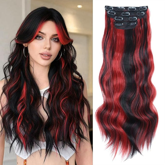 Vigorous Clip in Hair Extensions 4PCS Long Wavy Hair Extension 20Inch Thick Synthetic Hairpieces Fiber Double Weft Hair for Women(Black with Red Highlights)