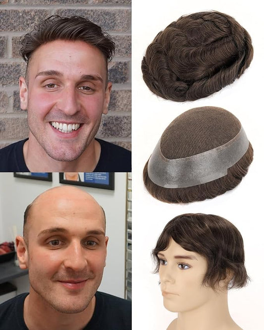 BEEOS Australia Toupee Hair for Men, 8x10 Inch Lace Top with Transparent PU Around Base Mens Wig, Indian Remy Human Hair Mens Replacement System 130% Density #5 Brown