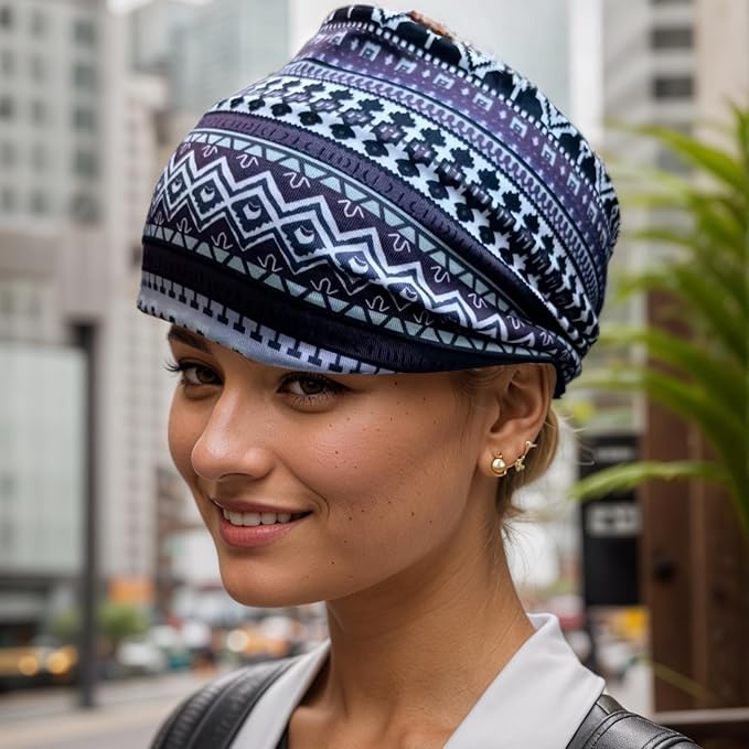 1 Pack Boho Headbands Stretch Paisley Print Bandana Headband Criss Cross Hair Bands Knotted Head Wrap Yoga Daily for Women and Girls (Black Geometric)