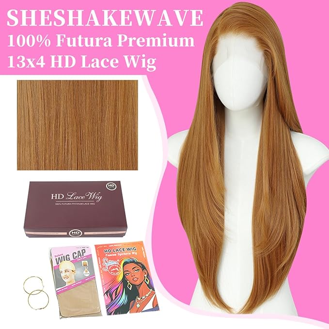 13x4 Synthetic Lace Front Wigs Pre Plucked 26 Inch Long Layered Ginger Straight Wigs For Women 100% Futura Premium Fiber Ready to Wear Wig With Bangs Beginner Friendly Daily Party Use