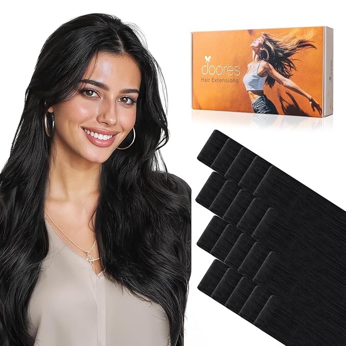 DOORES Seamless Tape in Extensions Human Hair Invisi Edge, Jet Black 10 Injection Tape-ins with 10 Injection Tape-ins 50g 24 Inch, Injected Tape in Extensions Virgin Hair Thick