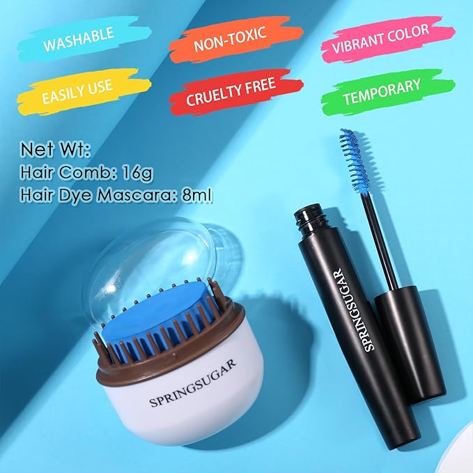 Blue Temporary Hair Chalk Color Comb + Washable Hair Mascara Dye for Girls Kids, Makeup Vibrant Dye Hair Colors for Halloween, Cosplay, Sporting Events, DIY Hair Parties Christmas