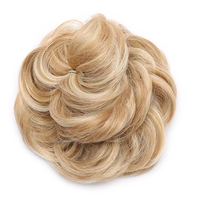 Benehair Hair Bun Hairpiece Scrunchy Updo Hair Pieces Fluffy Scrunchies Donut Hairpiece Synthetic Curly Wavy Messy Chignons With Elastic Rubber Band Golden Blonde & Bleach Blonde-Thicker 2pcs 70g