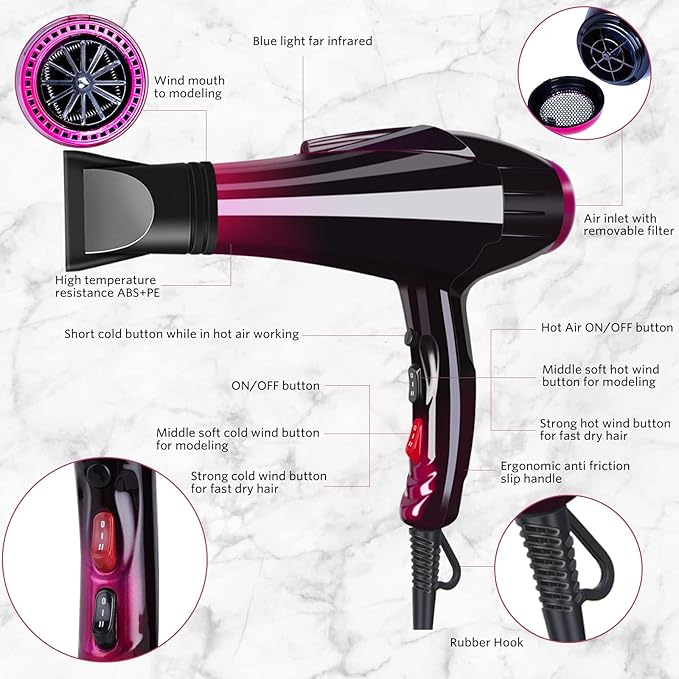 Professional Hair Dryer Ionic Blow Dryer 3500 Watt Powerful Salon Hair Dryers Ceramic Tourmaline Quick Dry Blow Dryer with AC Motor Concentrator Diffuser Attachments
