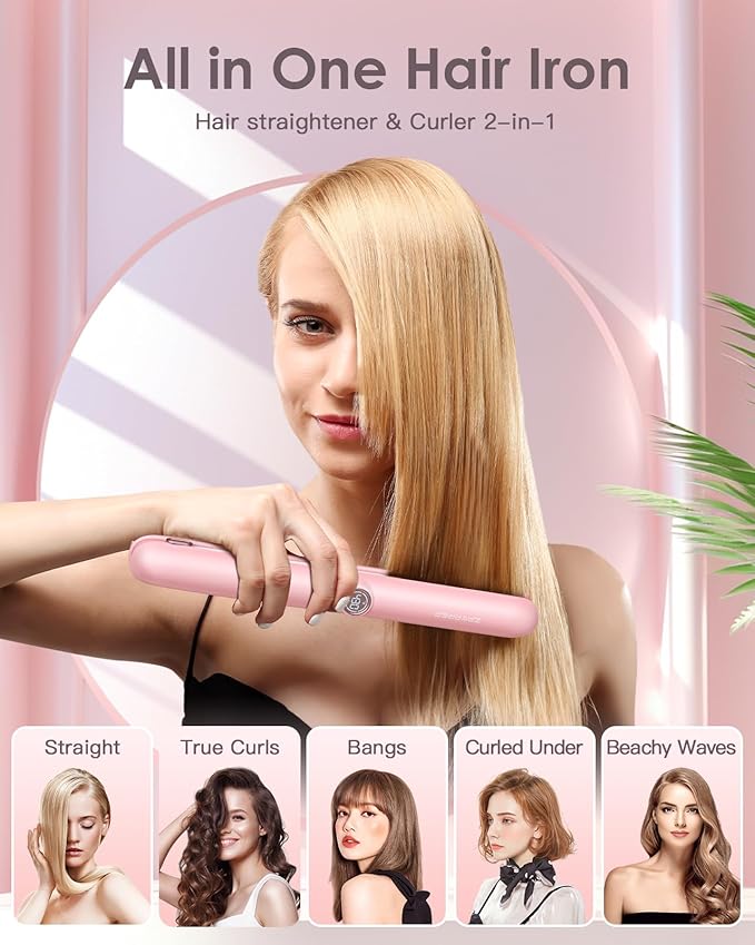 ZAVAREA Cordless Hair Straightener and Curler,Portable Hair Straightener for Travel,Ceramic Cordless Flat Iron for Women,Wireless Straightener 2 in 1,9000mAh Battery,5 Temps,USB-C Rechargeable