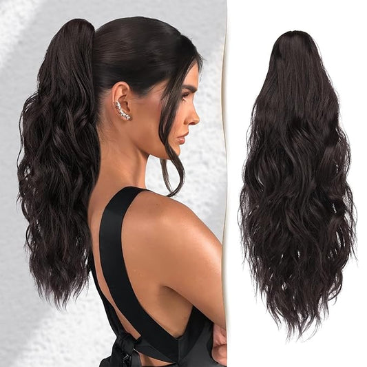 Pony Tails Hair Extensions 18" Claw Curly Clip in Hair Extensions Ponytail Wig Long Wavy Fake Hair Pony Tail Synthetic Hair Pieces for Women Girls Daily Wear - Black Brown Ponytail Extension