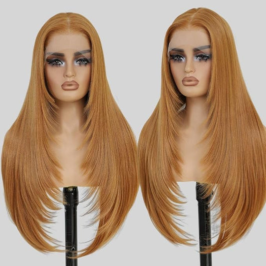13x4 Synthetic Lace Front Wigs Pre Plucked 26 Inch Long Layered Ginger Straight Wigs For Women 100% Futura Premium Fiber Ready to Wear Wig With Bangs Beginner Friendly Daily Party Use
