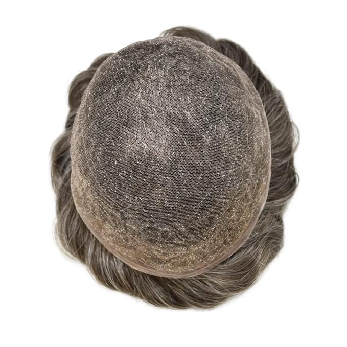 Toupee For Men Real Human Hair System Full Swiss Lace Mens Toupee Lace Hair Piece For Men Hair System Bleached Knots 7x9 120% Medium light density #365 3# DARK BROWN+65% GREY