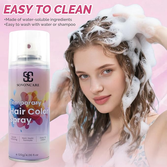 Hot Pink Temporary Hair Color Spray, SOVONCARE Natural Hair Wax Dye Spray for Kids Halloween, Christmas Party, Cosplay -On 1-Day Washable 120ML
