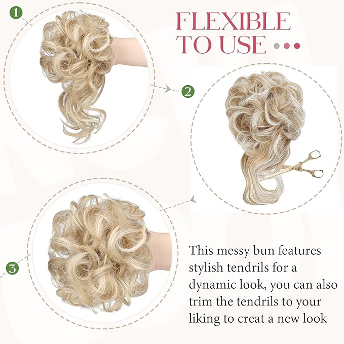 2PCS Messy Bun Hair Piece Tousled Updo with Tendrils Wavy Curly Hair Bun Scrunchies Ponytail Extension Elastic Band Hairpieces For Women (Ash blonde mix Bleach Blonde)