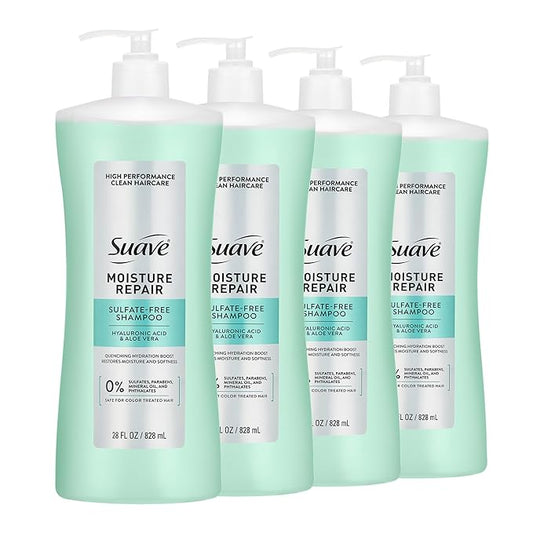 Suave Moisture Repair Sulfate-Free Shampoo with Hyaluronic Acid & Aloe Vera, Hydrates & Restores Dry, Damaged Hair, 4 Count, 28 FL OZ