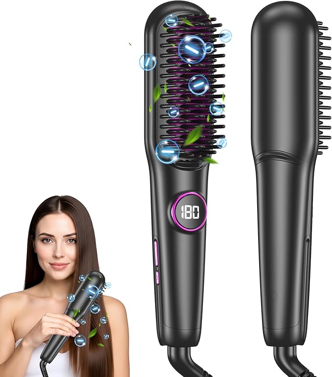 Ionic Hair Straightener Brush, 18W Professional Ceramic Straightening Brush for Home Salon, Plasma Straightening Brush, 9 Temp Settings, 20s Fast Heating, Hair Straightener Comb with LED Display