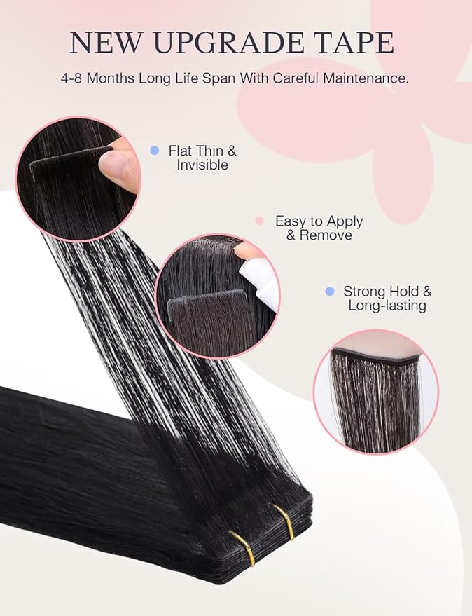 DOORES Seamless Human Hair Extensions Tape in Invisi Edge, Jet Black 10pcs Injection Tape-ins 25g 20 Inch, Natural Injected Tape in Extensions Virgin Human Hair Thick Ends