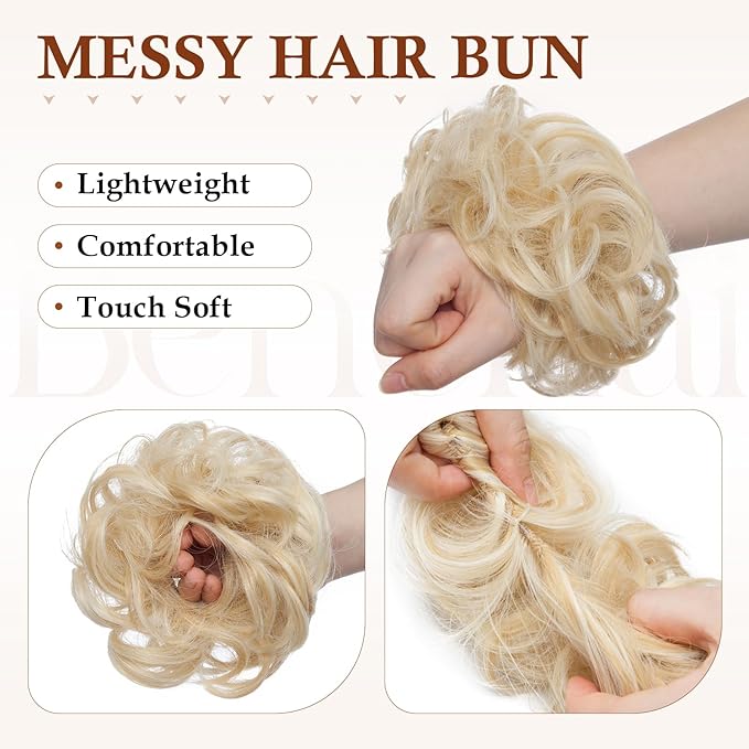 Benehair Messy Bun Hair Piece Scrunchy Updo Hair Pieces for Women Fluffy Wavy Hair Bun Scrunchies Donut Hairpiece Synthetic Chignons with Elastic Rubber Band Honey Blonde mix Bleach Blonde 1pc 25g