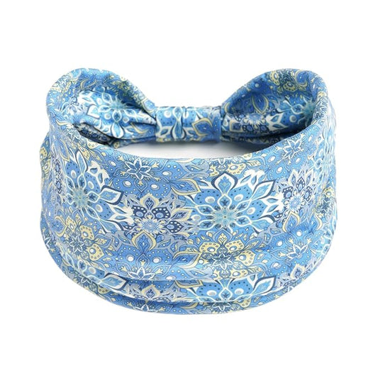1 Pack Boho Headbands Stretch Paisley Print Bandana Headband Criss Cross Hair Bands Knotted Head Wrap Yoga Daily for Women and Girls (Baby Blue Dainty)