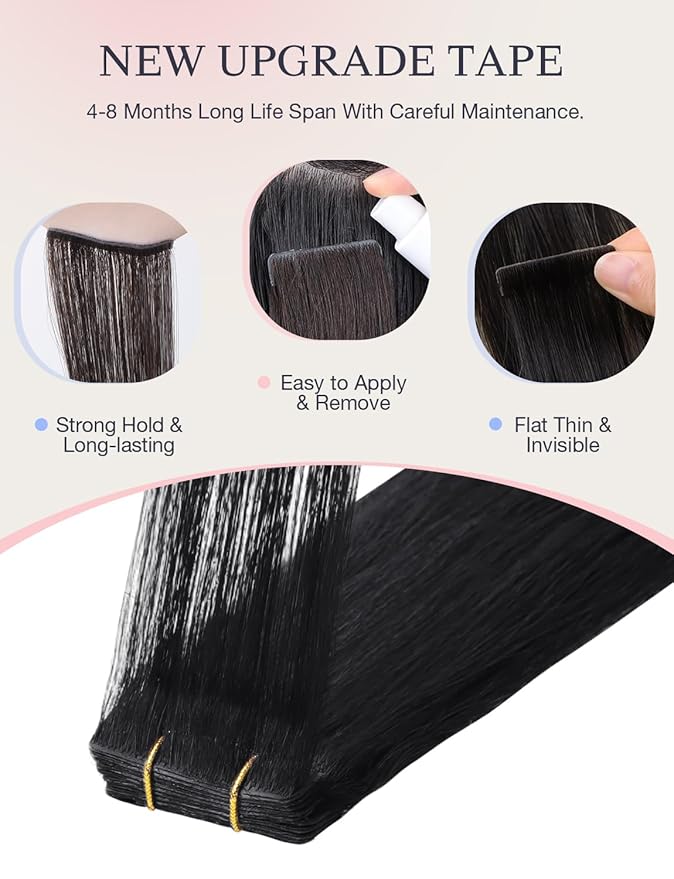 DOORES Seamless Tape in Extensions Human Hair Invisi Edge, Jet Black 10 Injection Tape-ins with 10 Injection Tape-ins 50g 24 Inch, Injected Tape in Extensions Virgin Hair Thick