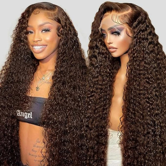 Anderah Chocolate Brown Deep Wave Lace Front Wigs Human Hair 200 Density 13x6 HD Lace Frontal Wigs Curly Human Hair Wig For Women Pre Plucked with Natural Hairline 4# Brown Color (34inch)