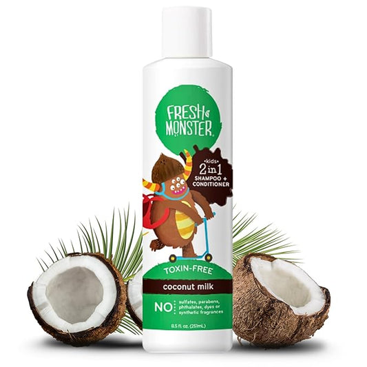 Fresh Monster 2-in-1 Kids Shampoo & Conditioner, Toxin-Free, Hypoallergenic, Tear-free Shampoo & Conditioner for Kids, Coconut (8.5oz)