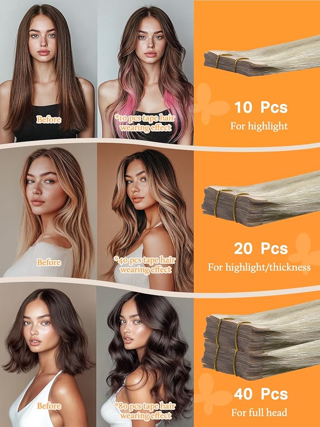 DOORES Tape in Human Hair Extensions - Ash Blonde Highlighted Platinum Blonde, 22 Inch, 30g, 10pcs - Straight Real Hair Tape-ins