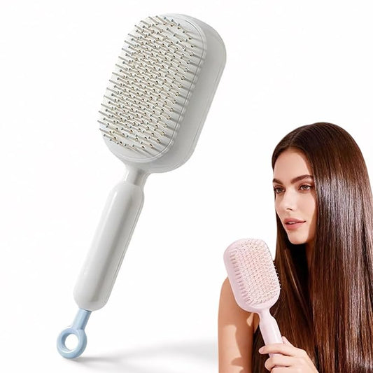 Retractable Cushion Massage Comb Brush, Self Cleaning Hair Brush For Women, One-pull Clean Anti Static Brushs (White)