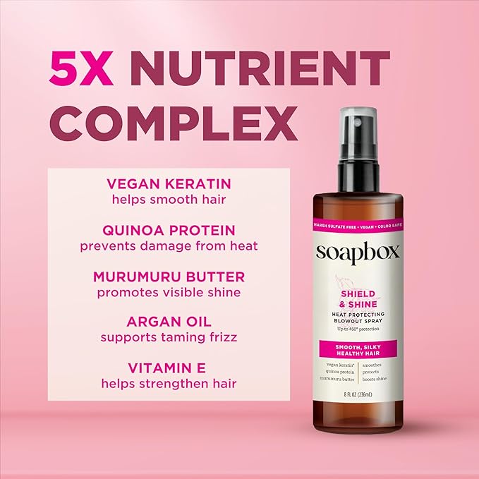 Soapbox Heat Protectant Spray, 8oz - Strengthening Hair Care, 3-in-1 Heat Protection, Shine Boosting, Anti Frizz Hair Spray, Vegan, Silicone Free, Sulfate Free, Color Safe