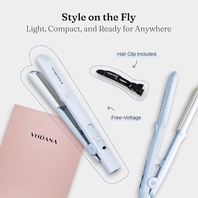 VODANA Professional Softbar Flat Iron - Ceramic Straightener with Patented Silicone Bar, Smooth & Quick Styling, Healthy Hair Solution, Dual Voltage for Worldwide Use (1 inch, Creamy Blue)