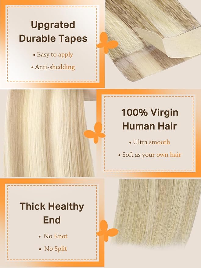 DOORES Tape in Human Hair Extensions, Dark Blonde Highlighted Bleach Blonde 26 Inch, Remy Human Hair, Straight, Tape-In Installation