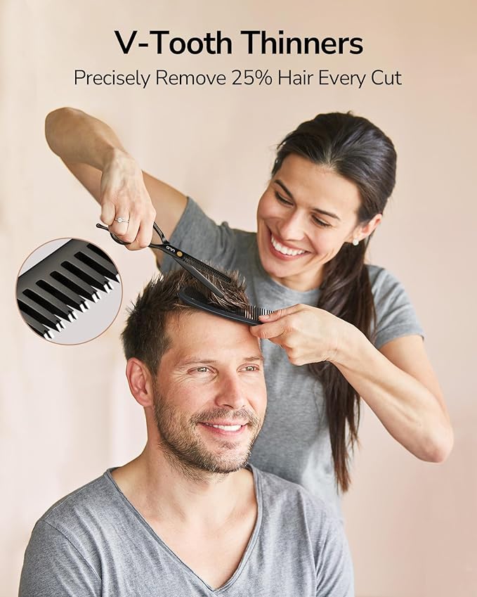 ULG Professional Hair Cutting Scissors Set – 6.5” Japanese Stainless Steel Barber Shears & Thinning Scissors with Comb, Clips & Case – at-Home Salon Haircut Kit for Men, Women, Kids, Black