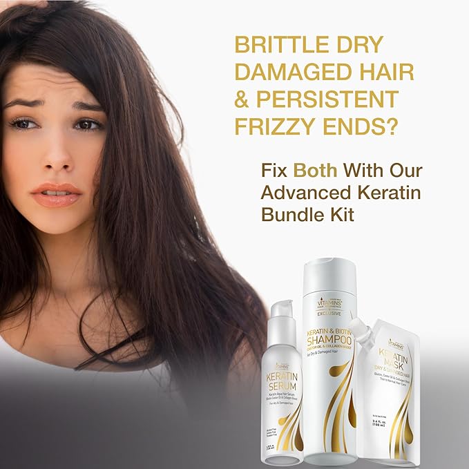 Vitamins Keratin Travel Kit - Weightless Heat Protectant, Nourishing Clarifying Shampoo, Intensive Deep Conditioner for Damaged Hair