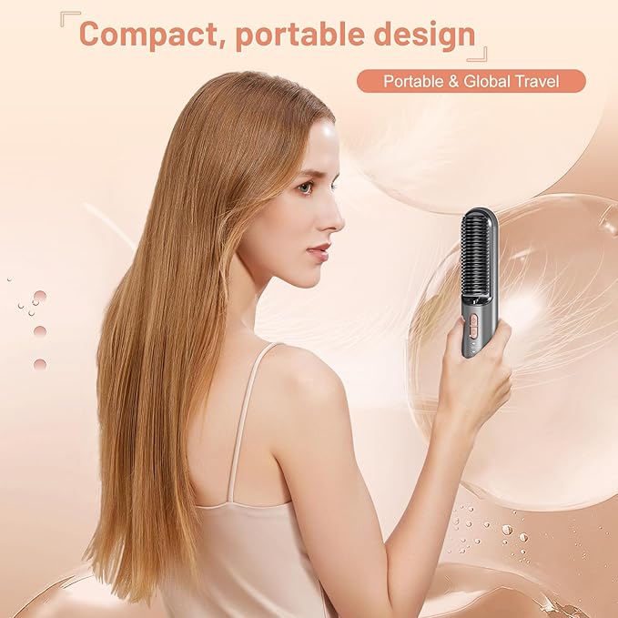 Cordless Hair Straightener Brush Portable Mini USB-C Hair Straightening Comb Anti-Scald Rechargeable Hot Hair Dryer Straightener Brush for Girls Women for Travel Styling